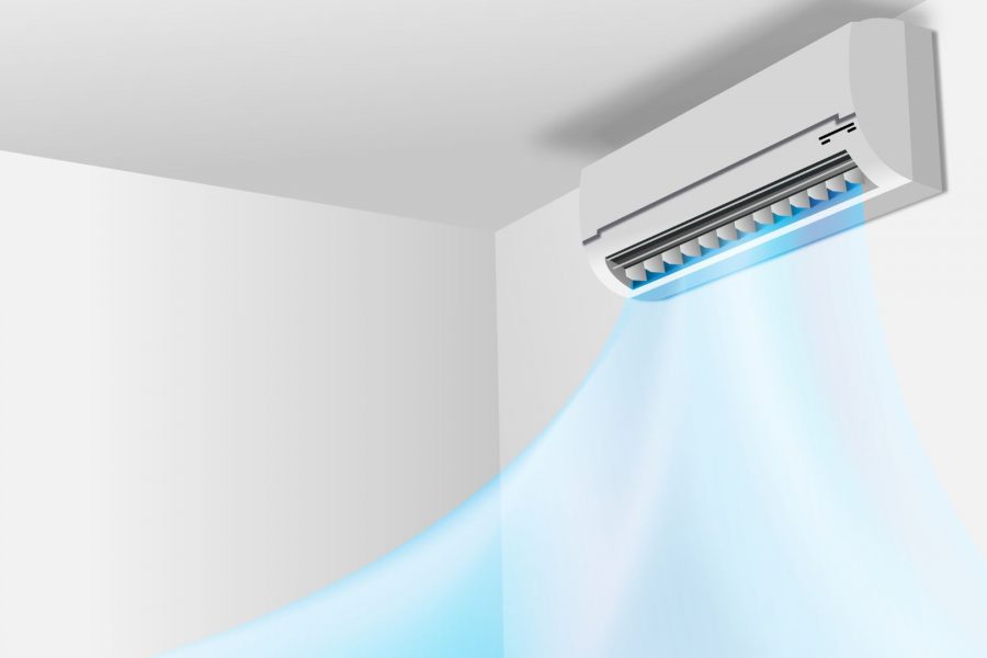 a ductless ac running in a windowless room