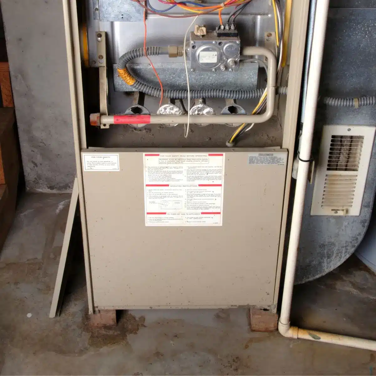 A furnace leaking water in a basement.