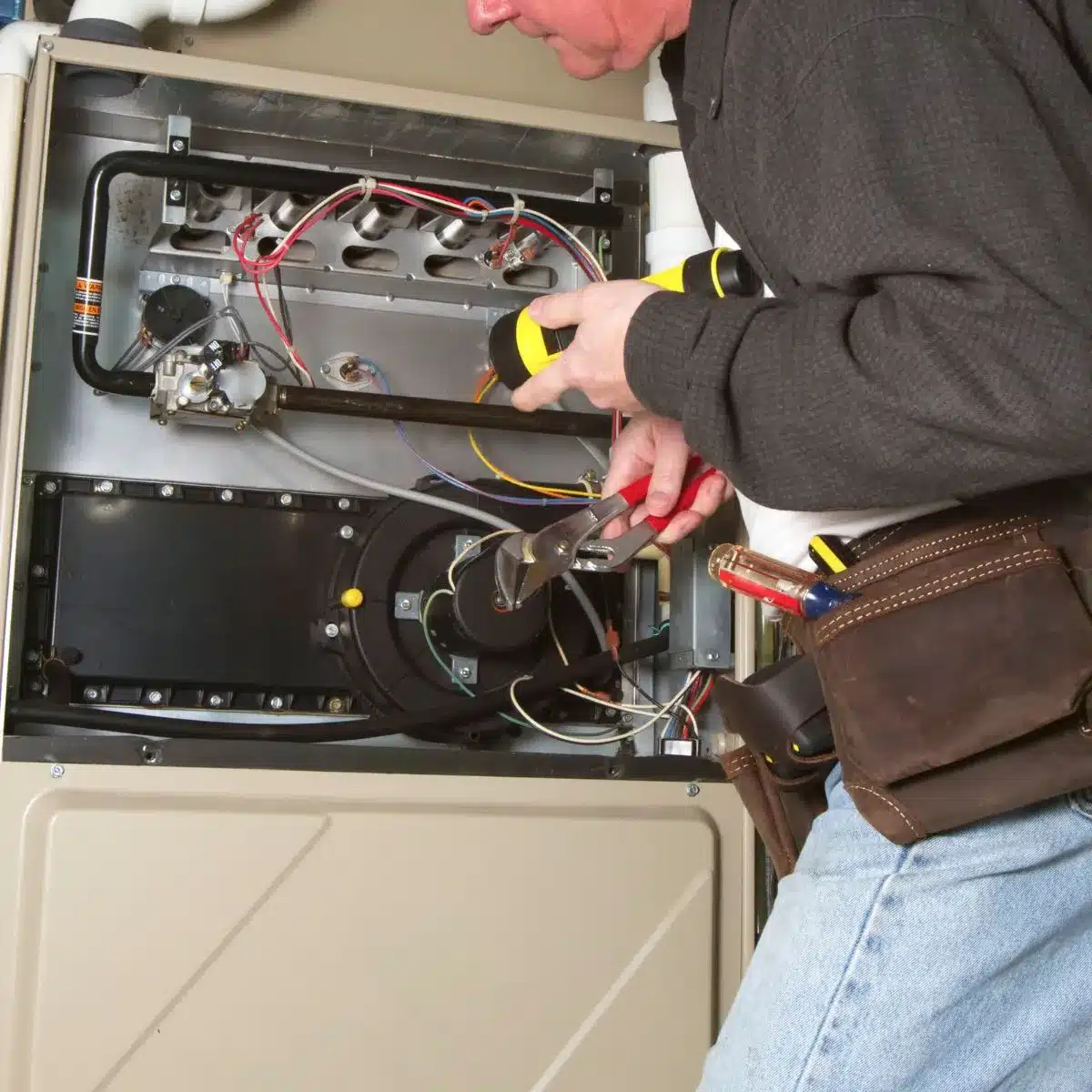 A man troubleshooting a furnace leaking water.
