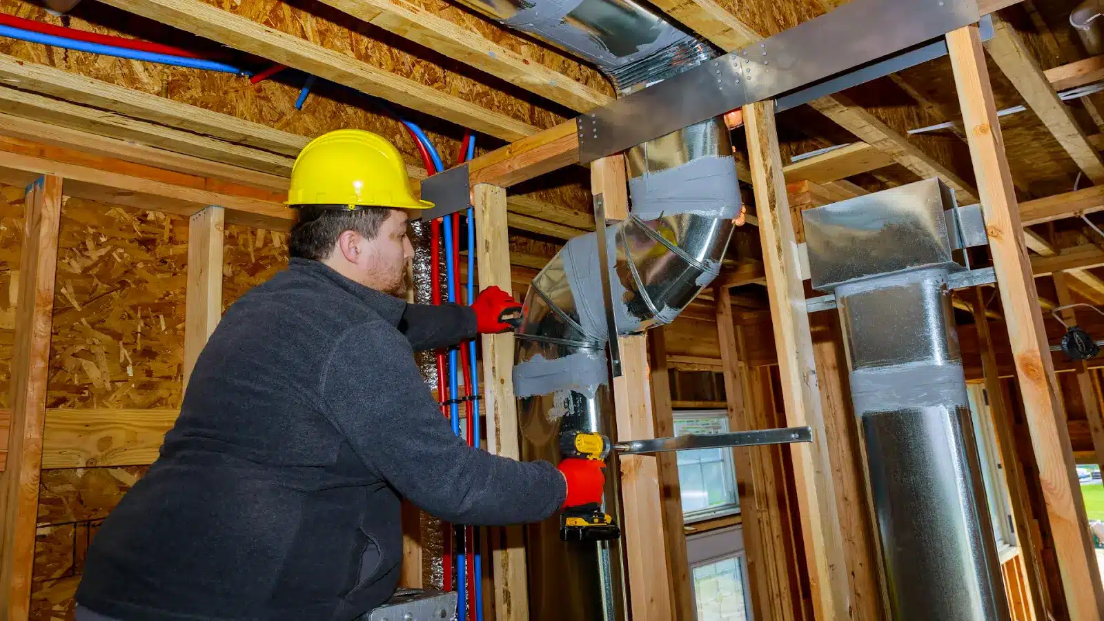 An HVAC technician is checking the ductwork system of a house.