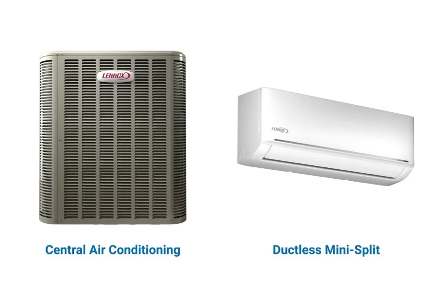 A central AC unit and a ductless mini-split AC unit side by side.