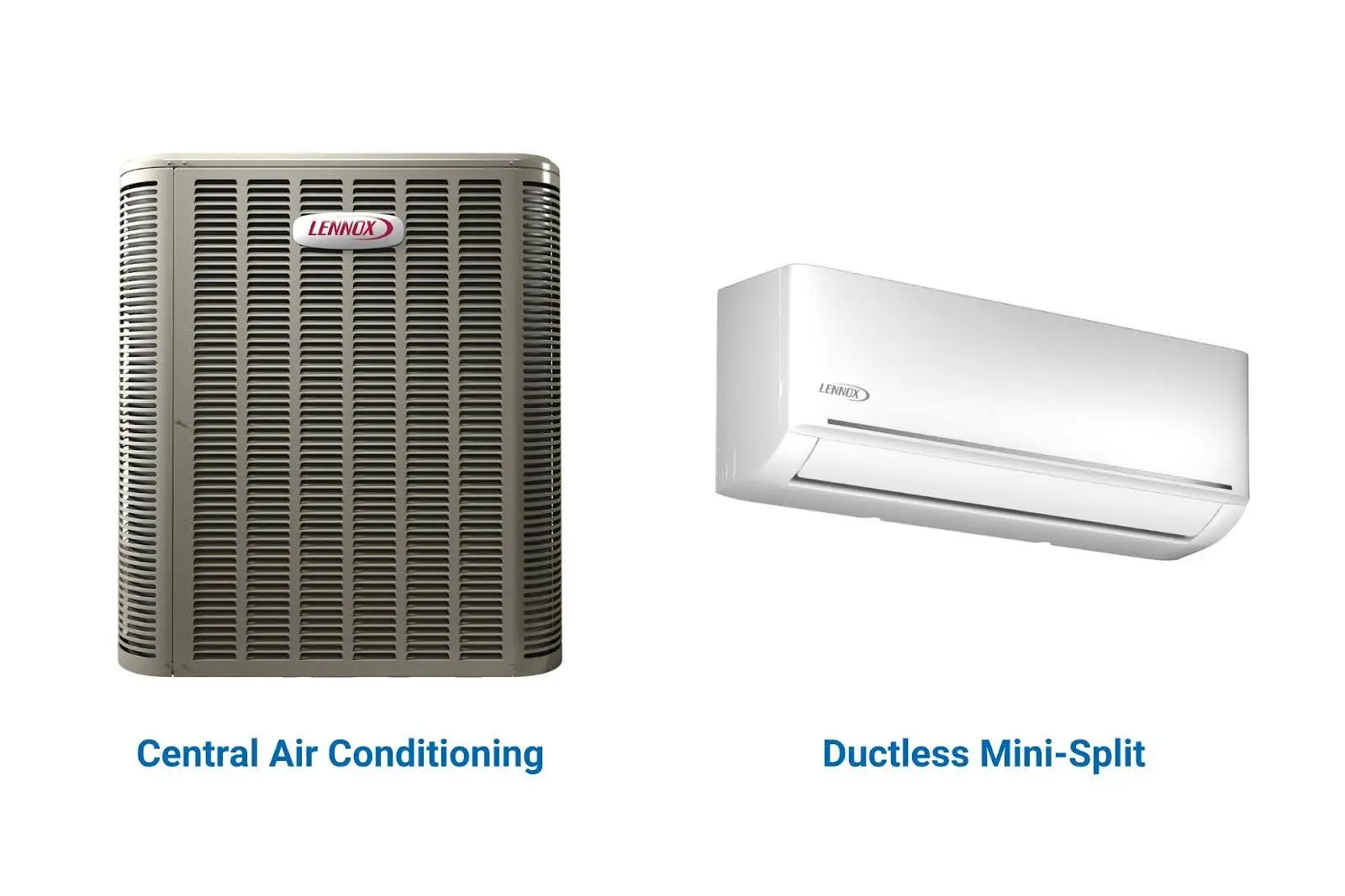 A central AC unit and a ductless mini-split AC unit side by side.