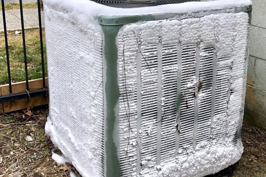 An outside AC unit with ice buildups.