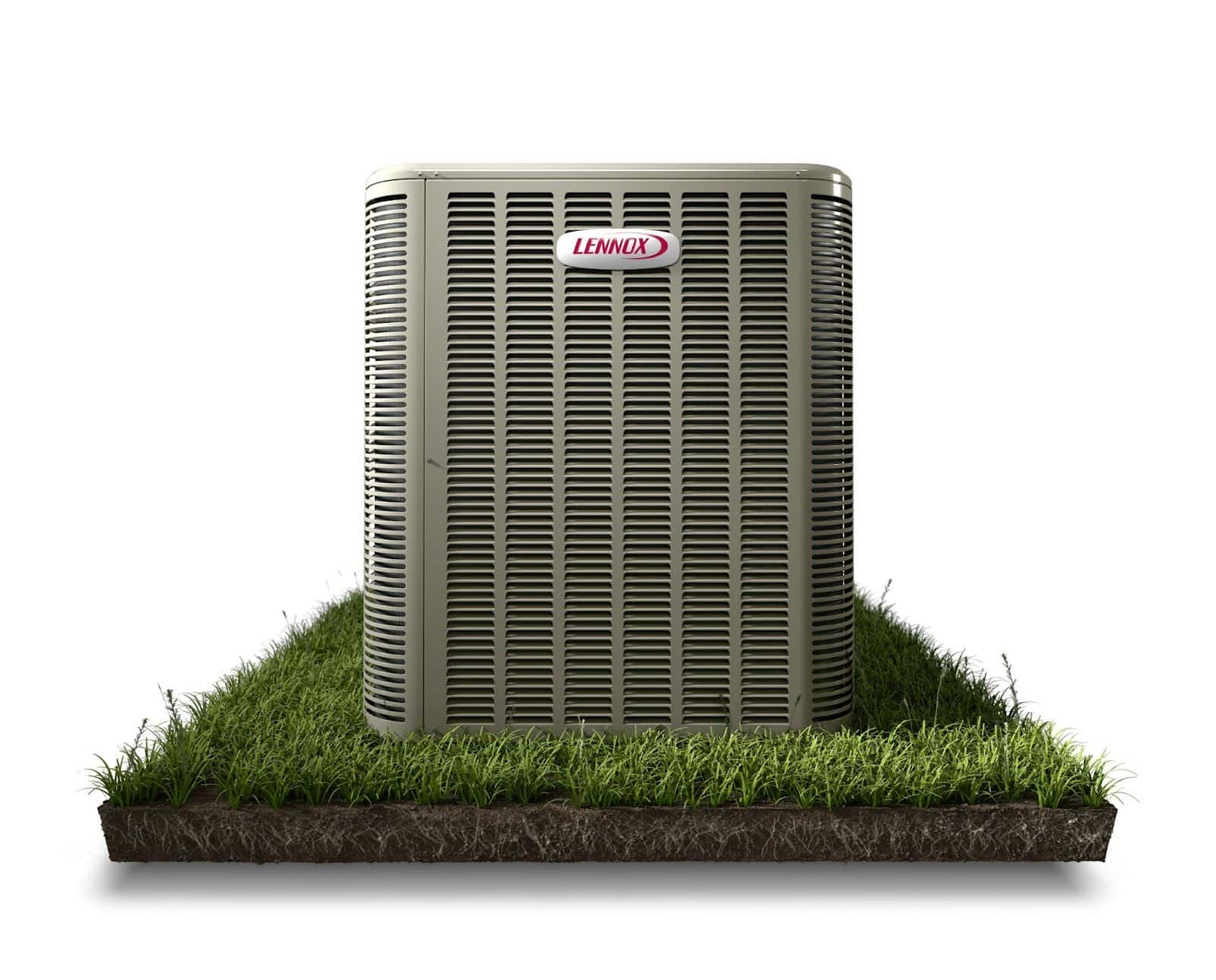 A Lennox AC unit on grass.